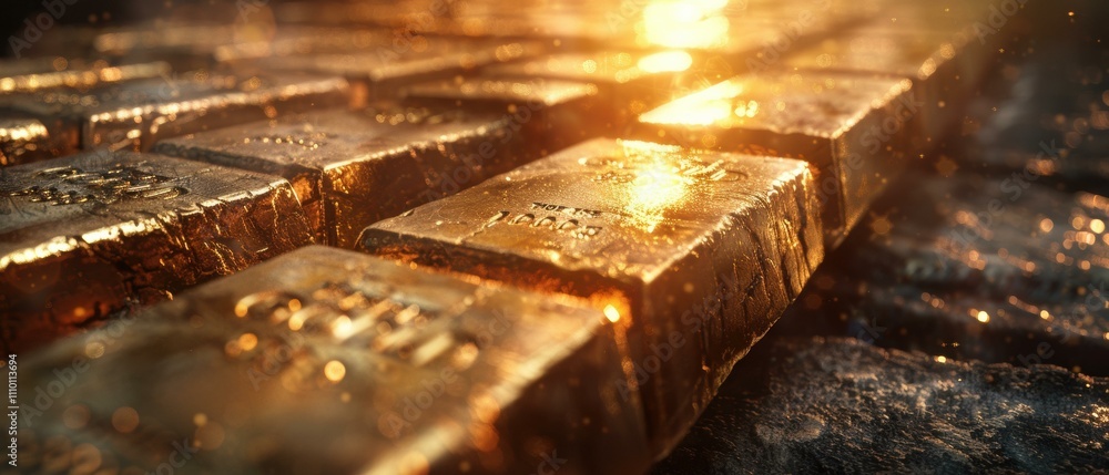 Poster gleaming gold bars arranged in a neat stack. ai.