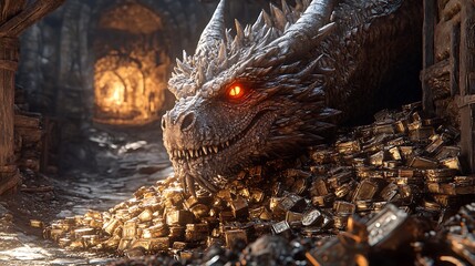 A menacing dragon guards a pile of gold coins in a dark cave.