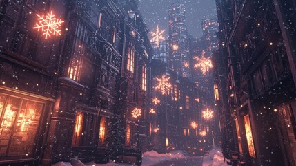 Fototapeta premium Futuristic Cyberpunk Holiday Card Design with Glowing Snowflakes and Cityscape | 3D Render Ultra-Detailed Artwork for Festive Season