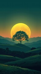 Obraz premium Serene landscape with a lone tree under a large yellow moon. AI.