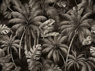Vector Exotic tropical hawaiian summer. Palm beach tree leaves jungle botanical. Black and white engraved ink art. Seamless background pattern. Fabric wallpaper print texture.
