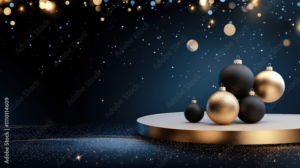Fototapete minimalist christmas setting featuring golden and black baubles on a dramatic dark background with s