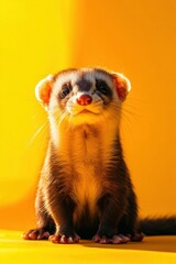 Fototapeta premium Adorable ferret sitting on a yellow background. AI.