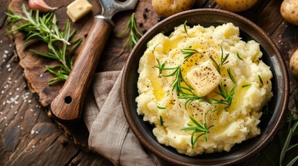 Wooden bowl filled with mashed potatoes on table