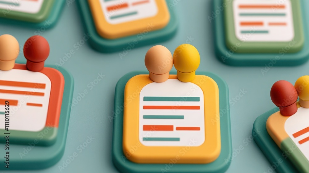 Poster colorful abstract background featuring stylized figures over document-like cards representing collab