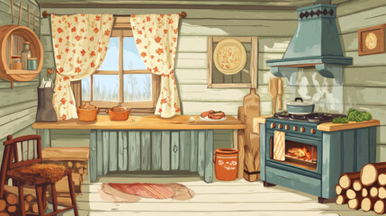 Old Russian kitchen interior with furniture. Vector cartoon illustration of wooden bench, curtains on window, hot food boiling in oven, pile of firewood and clean rag on floor, cozy village house