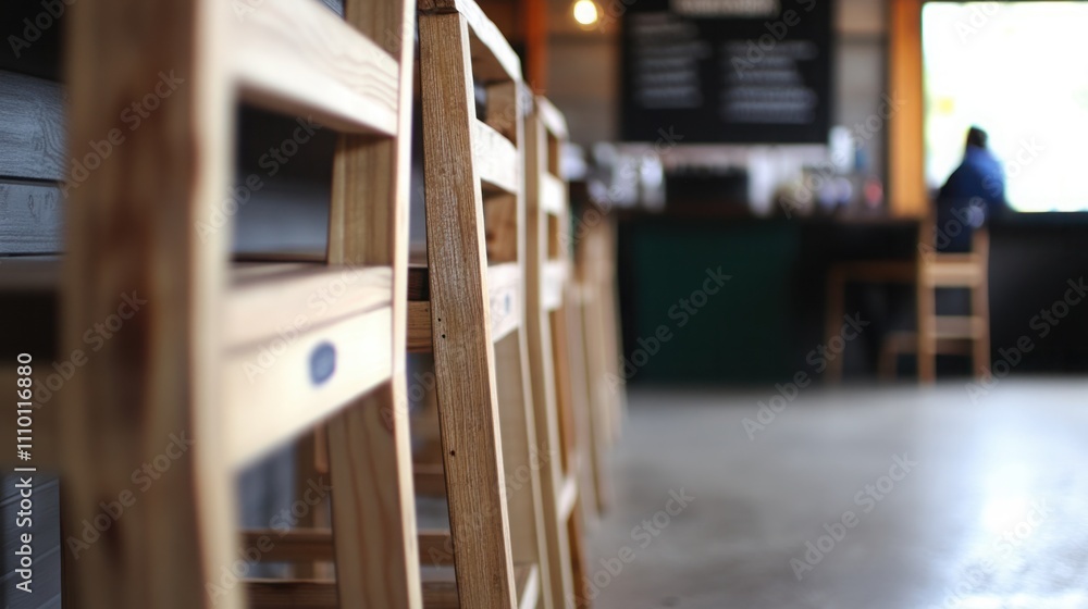 Poster wooden chairs in a modern café setting with blurred background and soft lighting creating a calm atm