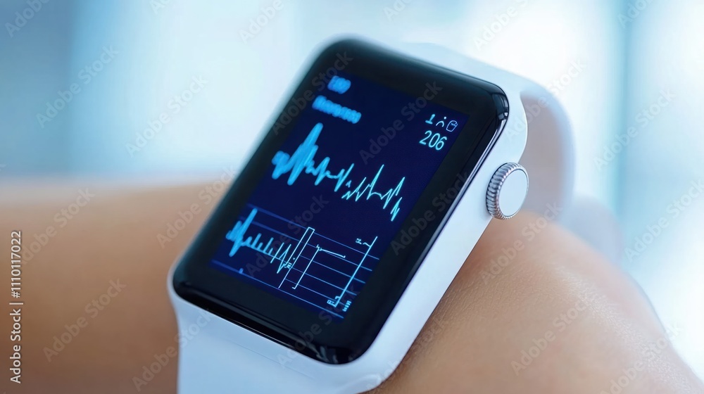 Poster smartwatch displaying heart rate data and health metrics on a person's wrist in a bright and modern 