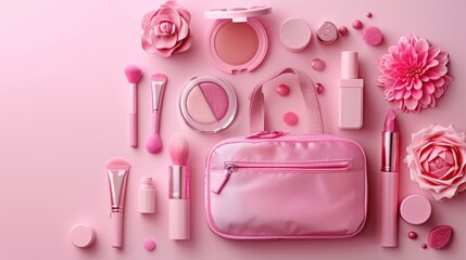 Obraz premium Pink cosmetics bag with flowers