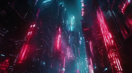 Fototapeta premium Futuristic city at night with vibrant neon lights illuminating towering skyscrapers.