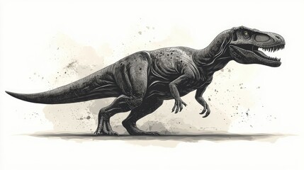 Fototapeta premium A grayscale illustration of a Tyrannosaurus Rex dinosaur walking, set against a dusty background.