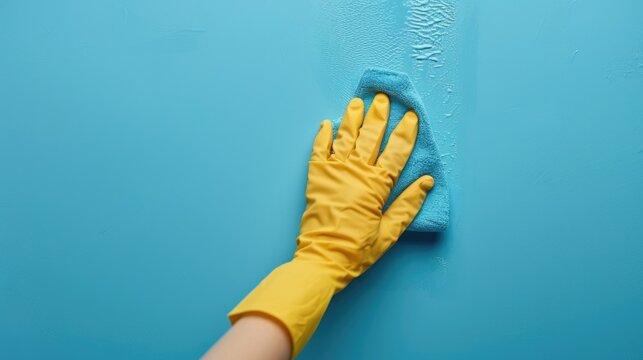 Person cleaning blue wall with yellow rubber gloves