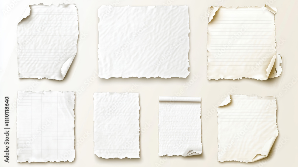 Aufkleber torn crumpled white notebook paper shape. scrapbook and collage template in form of circle, rectangl