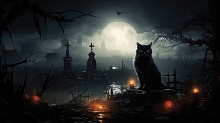 Fototapeta premium Black cat under full moon in graveyard