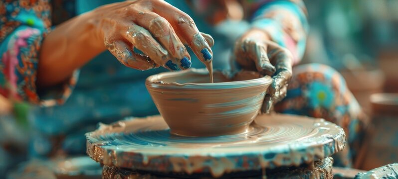 Hands shaping a clay bowl on pottery wheel