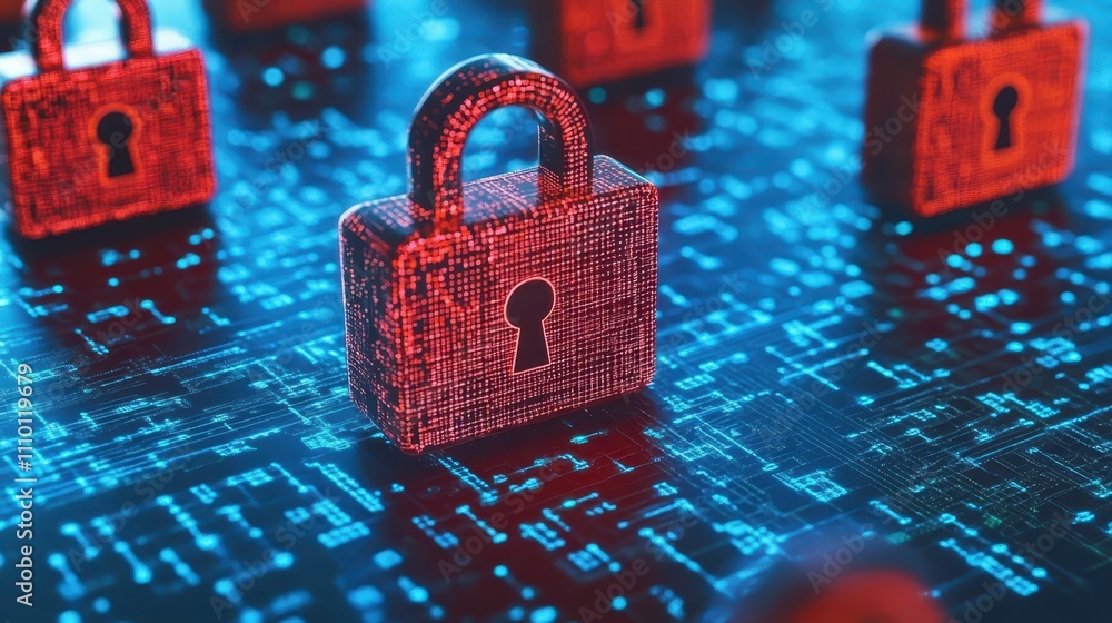 Poster cybersecurity concept, red locked padlock securing circuit board symbolizing data protection and acc