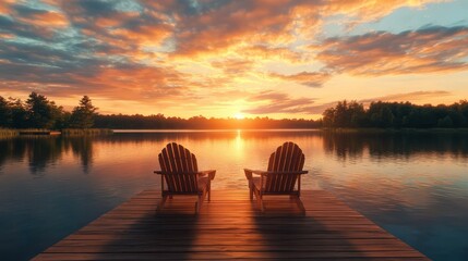 Two wooden chairs on a wood pier overlooking a lake at sunset