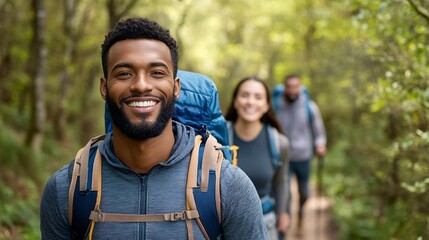 Happy friends hiking on scenic forest trail enjoying nature adventure together