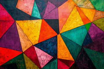 Fototapeta premium colorful abstract painting with many different colored triangles. The painting is full of bright colors and has a very lively and energetic feel to it