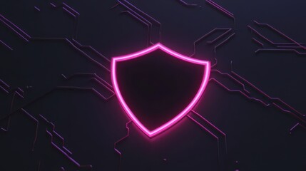 Fototapeta premium Glowing neon shield on dark background, symbol of protection and security in digital age
