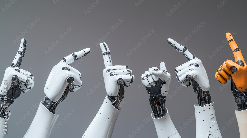 Poster stylized robotic hands with different gestures. various poses and positions - doing thumbs up and he