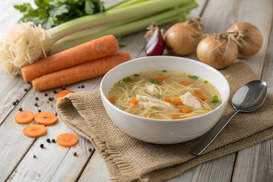 Homemade chicken soup with thin vermicelli and fresh vegetables prepared in a cozy kitchen