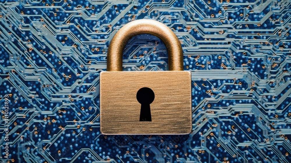 Poster cybersecurity padlock on circuit board, protecting digital data, encryption and access control
