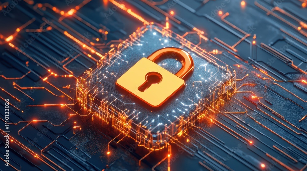 Poster cybersecurity padlock protecting digital circuit, ensuring data safety and network security