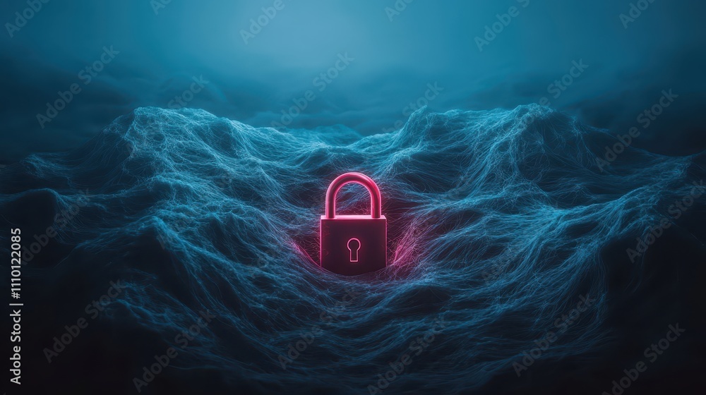 Poster enhanced security, secure lock on deep blue background symbolizing digital protection and data priva