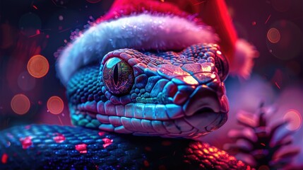Blue snake wearing santa hat with red lights