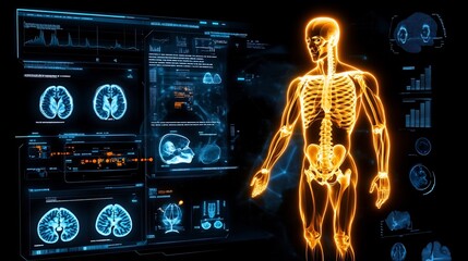 Futuristic Digital Interface Displaying Human Body Scan and Medical Data