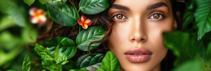 Closeup Portrait of Woman Amidst Vibrant Green Leaves and Colorful Flowers