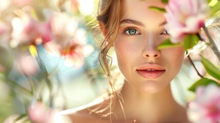 Fototapeta premium Portrait of a Young Woman Amidst Blooming Flowers with Sunlight and Natural Beauty