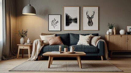 Cozy living room interior, Scandinavian style. Wooden furniture and elegant.