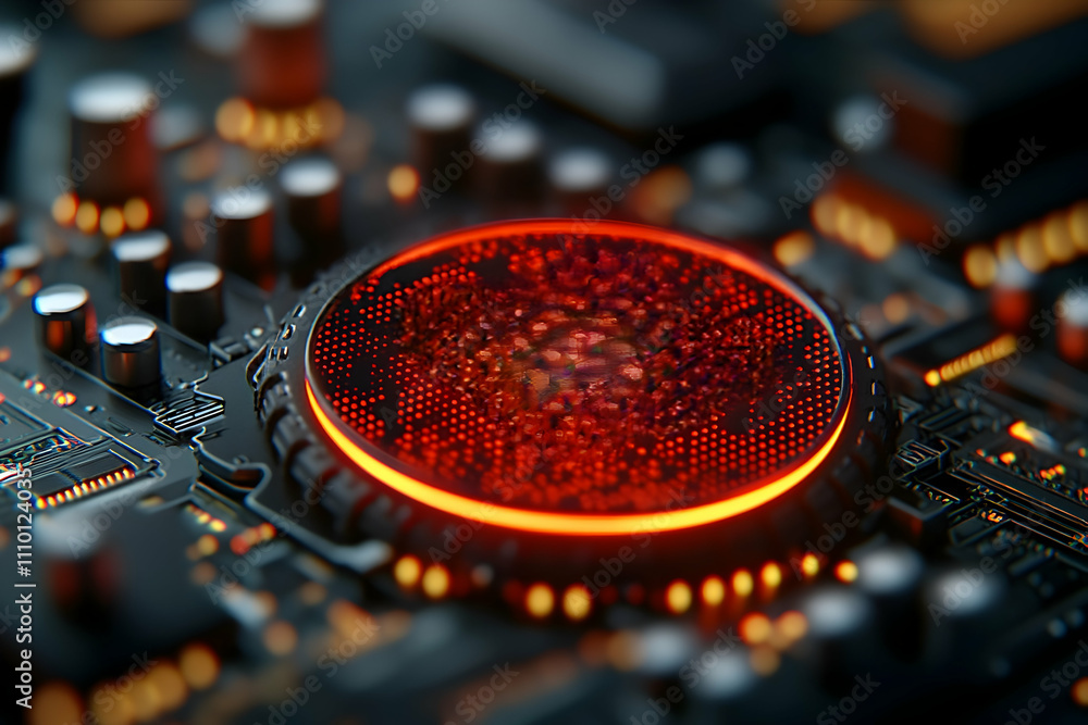 Poster close-up of a glowing red circuit board component.
