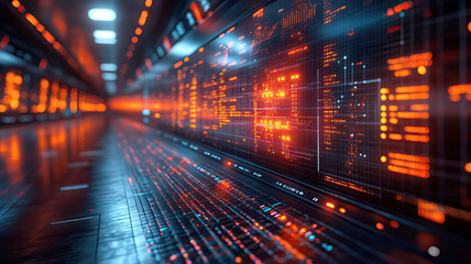 Futuristic financial data analysis on high-tech digital display.