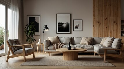 Cozy living room interior, Scandinavian style. Wooden furniture and elegant.