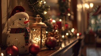 Close up of Christmas themed TV table decoration in a room