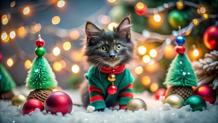Obraz premium Fluffy kitten in festive costume, adorable pet surrounded by Christmas tree decorations and sparkling lights on snow winter backgroung