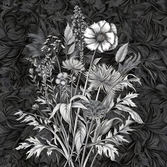Vector Wildflower floral botanical flowers. Wild spring leaf wildflower isolated. Black and white engraved ink art. Seamless background pattern. Fabric wallpaper print texture.