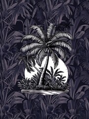 Vector Exotic tropical hawaiian summer. Palm beach tree leaves jungle botanical. Black and white engraved ink art. Seamless background pattern. Fabric wallpaper print texture.