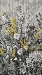 Obraz premium Vector Wildflowers floral botanical flowers. Wild spring leaf wildflower isolated. Black and white engraved ink art. Seamless background pattern. Fabric wallpaper print texture.