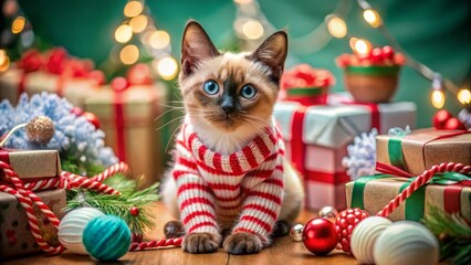 Obraz premium Christmas kitten wearing in festive costume, cute pet surrounded by gifts, sparkling lights and celebration winter xmas decorations