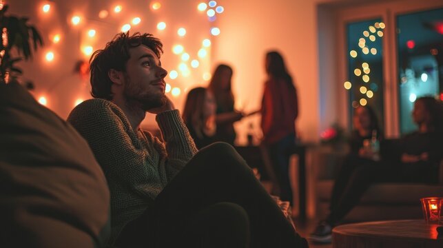 Introvert party scene highlighting an individual quietly enjoying the festivities from a corner, observing others