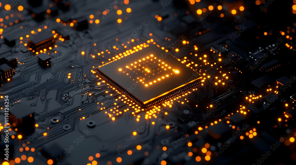 Poster close-up of illuminated central processing unit on circuit board.