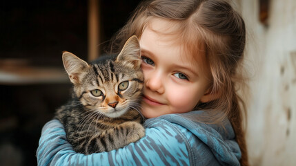 A little girl holds a cute kitten in her arms