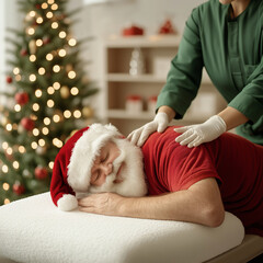 L&auml;chelnder Weihnachtsmann entspannt bei Massage von Therapeutin, festlich dekorierter Weihnachtsbaum im Hintergrund, Erholung w&auml;hrend der Feiertage