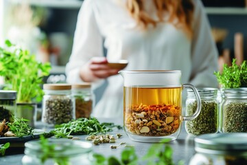 Herbal Tea Ritual: A woman's hand reaches for a cup of steaming herbal tea, surrounded by an array of dried herbs and spices in glass jars, creating a sense of tranquility and wellness.