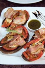 Catering buffet for events. Catering banquet table with different food snacks and appetizers with sandwich, salads, fresh fruits.