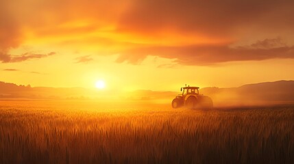 Tractor working in a wheat field at sunset.